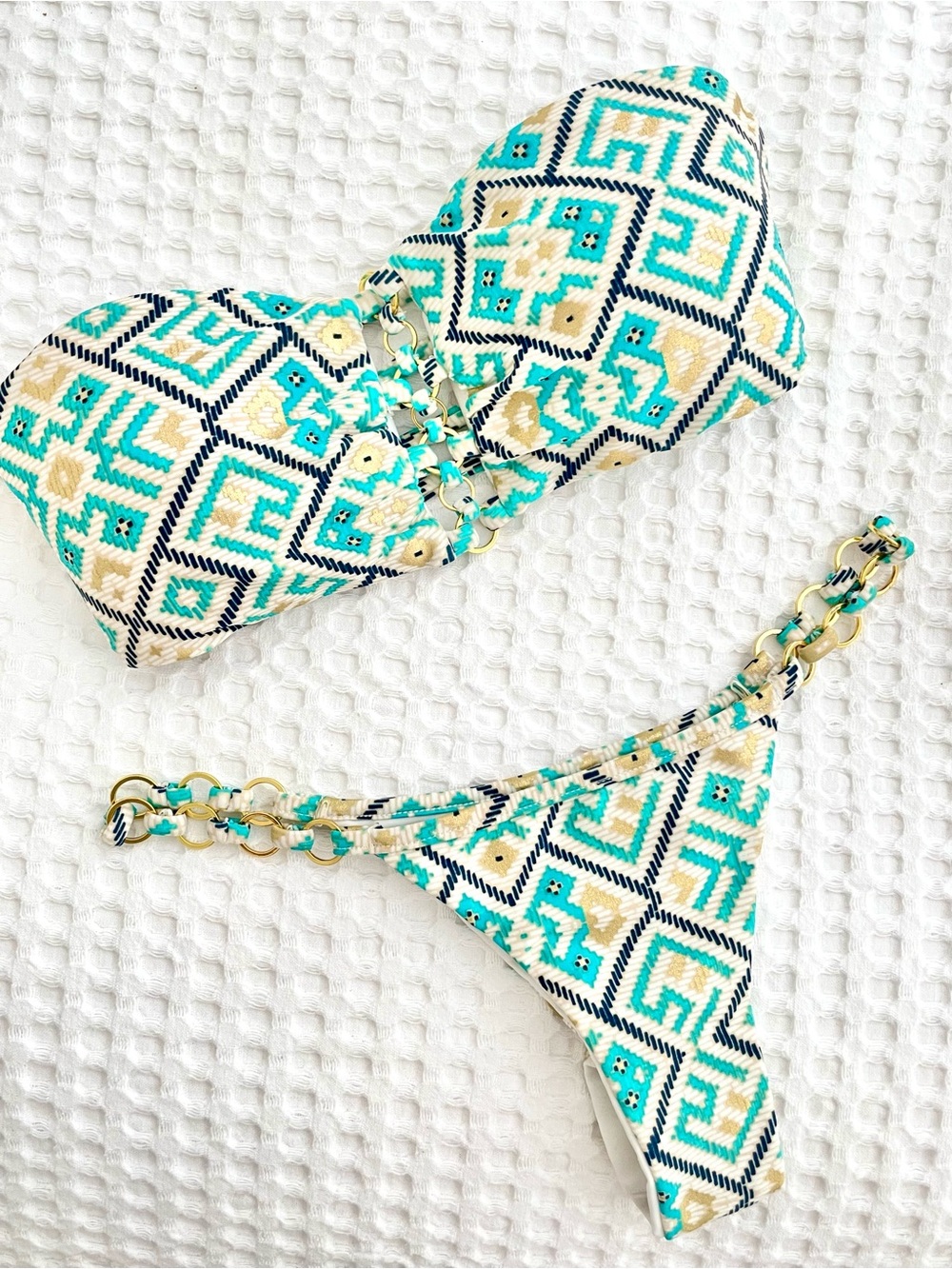 Beach Bunny Turquoise, Navy & Gold Geometric Bandeau Bikini XS